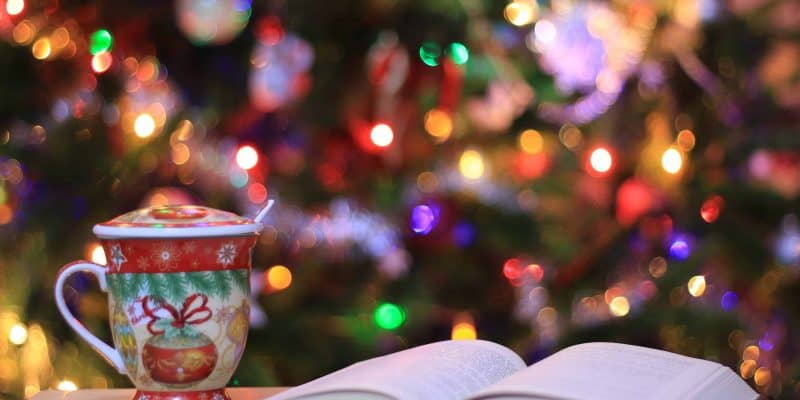 open book and red and green christmas mug