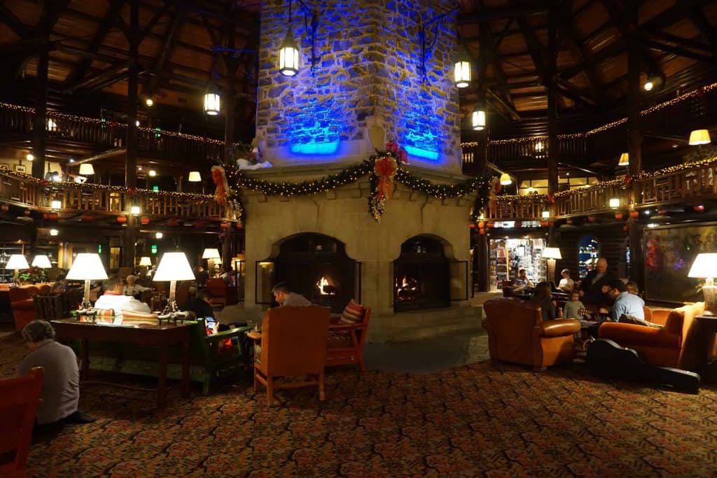 The lobby fireplace at Chateau Montebello in Quebec during the Christmas holiday season.