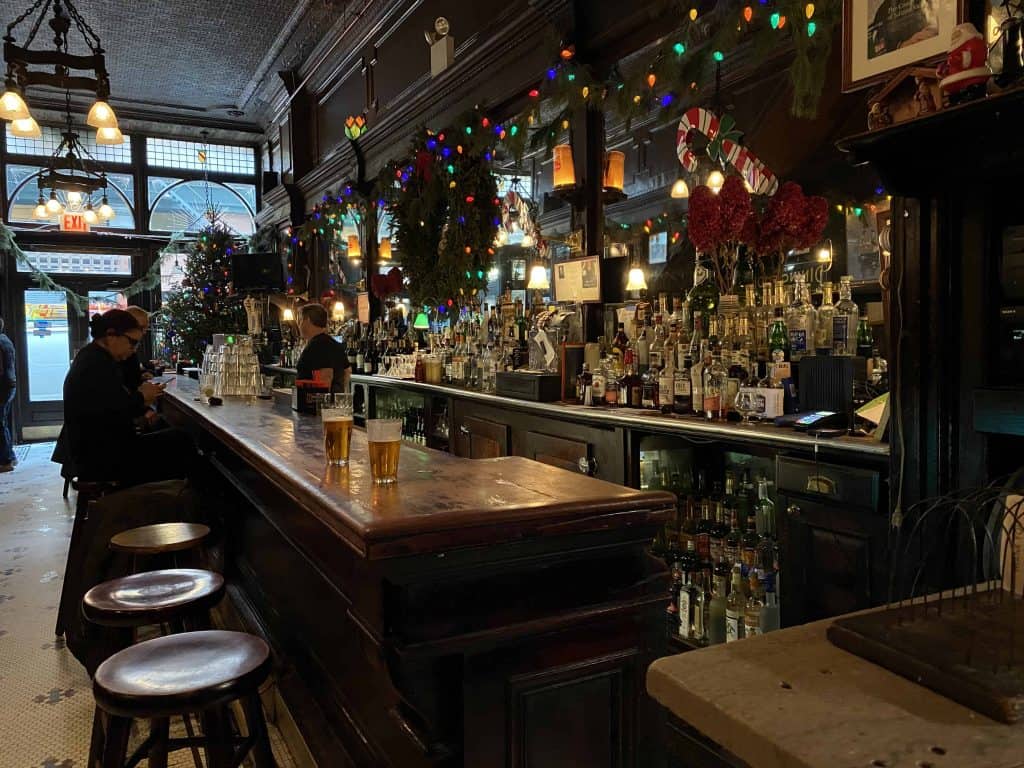 interior of bar decorated for Christmas