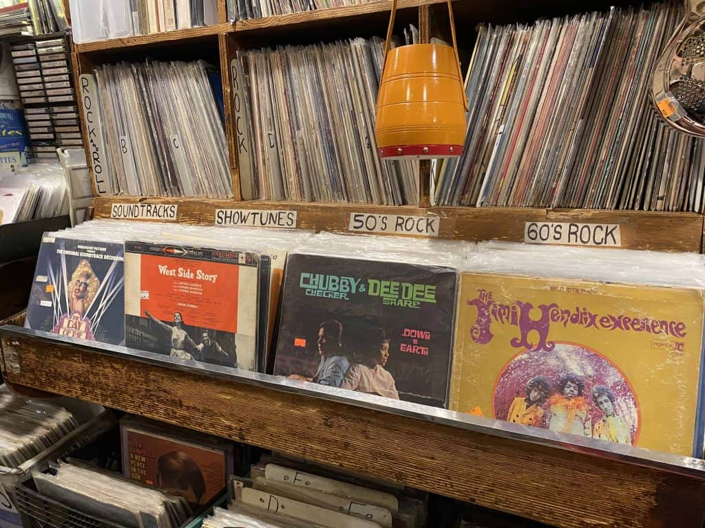 shelves of record albums in the Music Inn shop