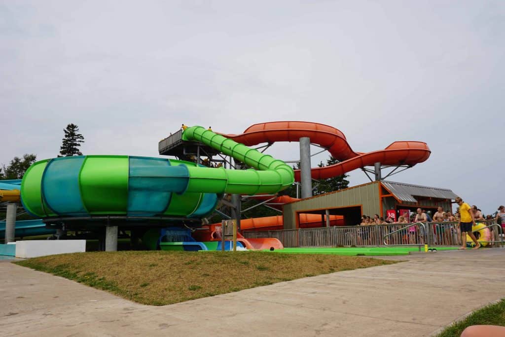 Green and orange waterslides in Cavendish, PEI.