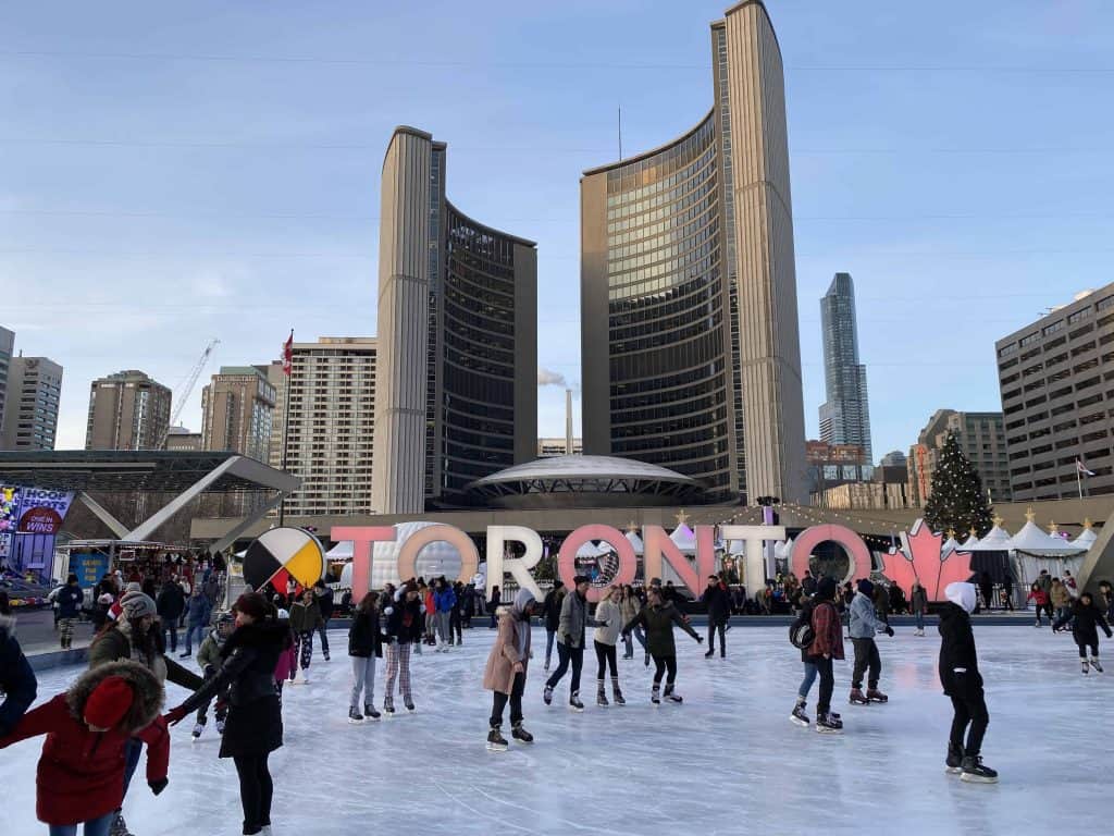 skaters at Nathan Philips Square Toronto