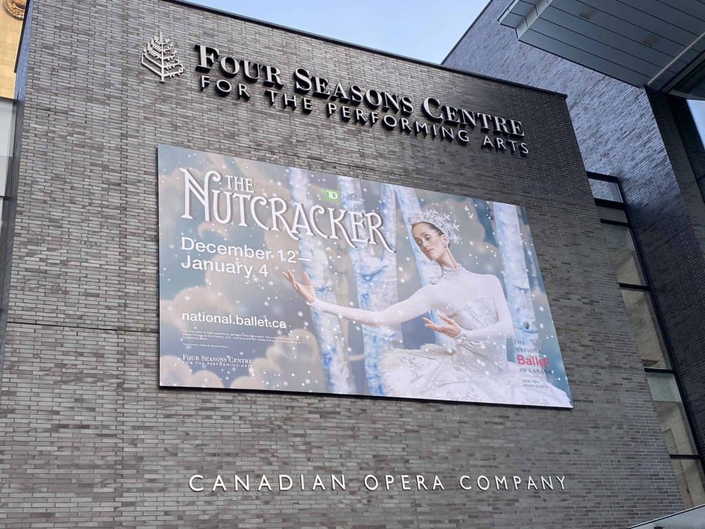 The Nutcracker poster on exterior of the Four Seasons Centre for the Performing Arts in Toronto.