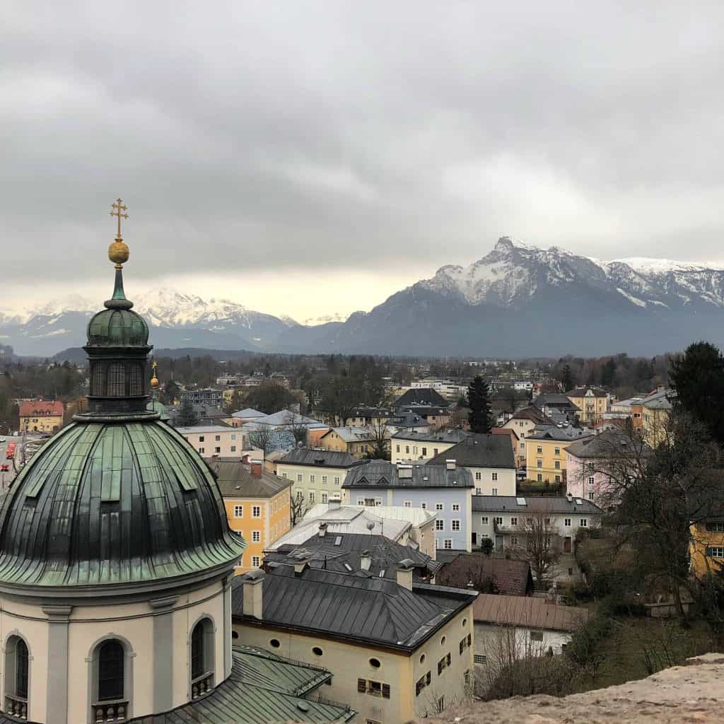 salzburg austria-view from hill of church buildings mountains