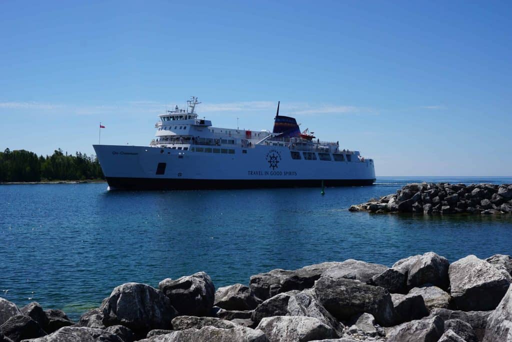ms chi cheemaun ferry entering south baymouth harbour on Manitoulin Island.