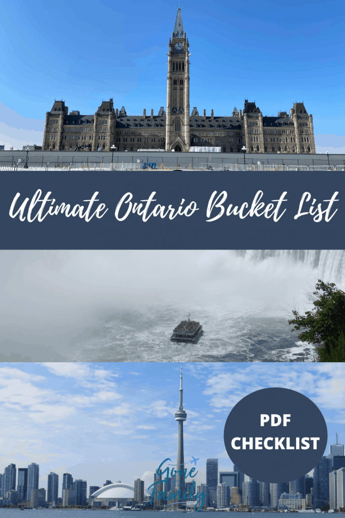 Pinterest image with top photo of Parliament Hill and bottom photo of Niagara Falls with text overlay reading Ultimate Ontario Bucket List.