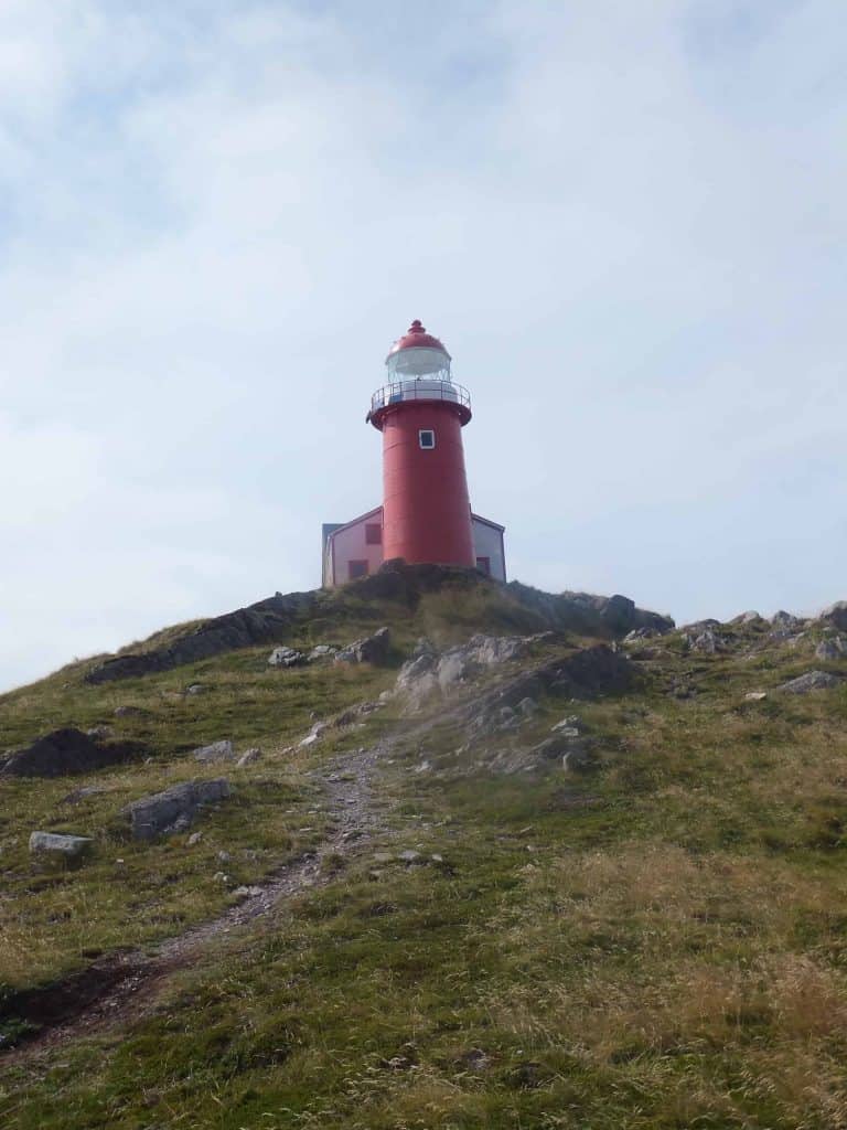 ferryland lighthouse on newfoundland, canada - round red lighthouse with red and white keeper's house at top of rocky hill.