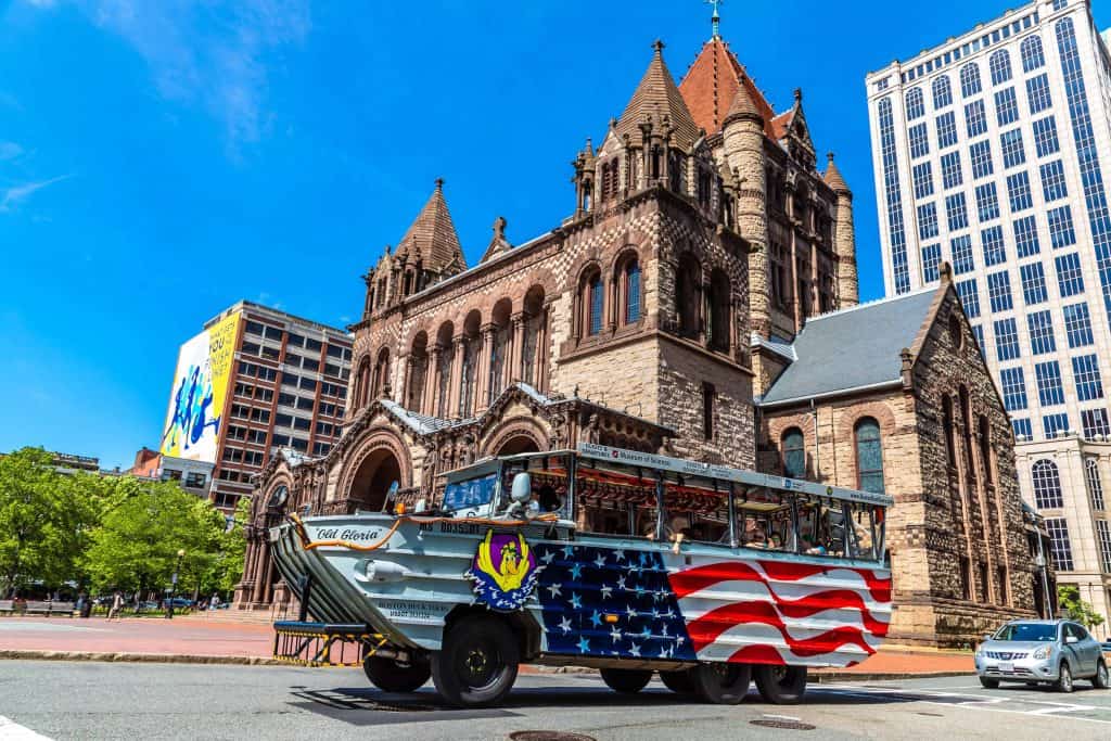 boston with kids-boston duck tours vehicle-copley square