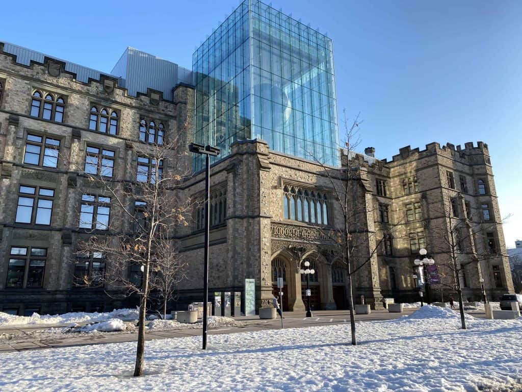 Exterior of Canadian Museum of Nature in Ottawa with snow on the ground. 