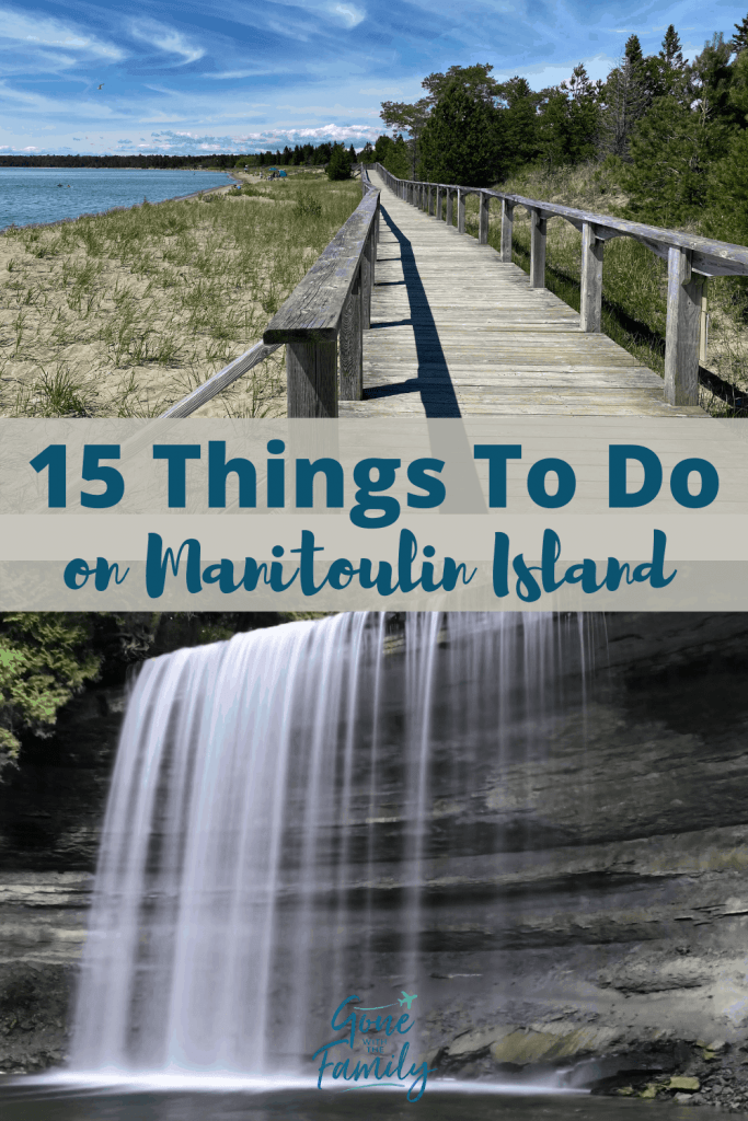 Pinterest image - boardwalk by Lake Huron at Providence Bay with text overlay reading 15 Things to do on Manitoulin Island.