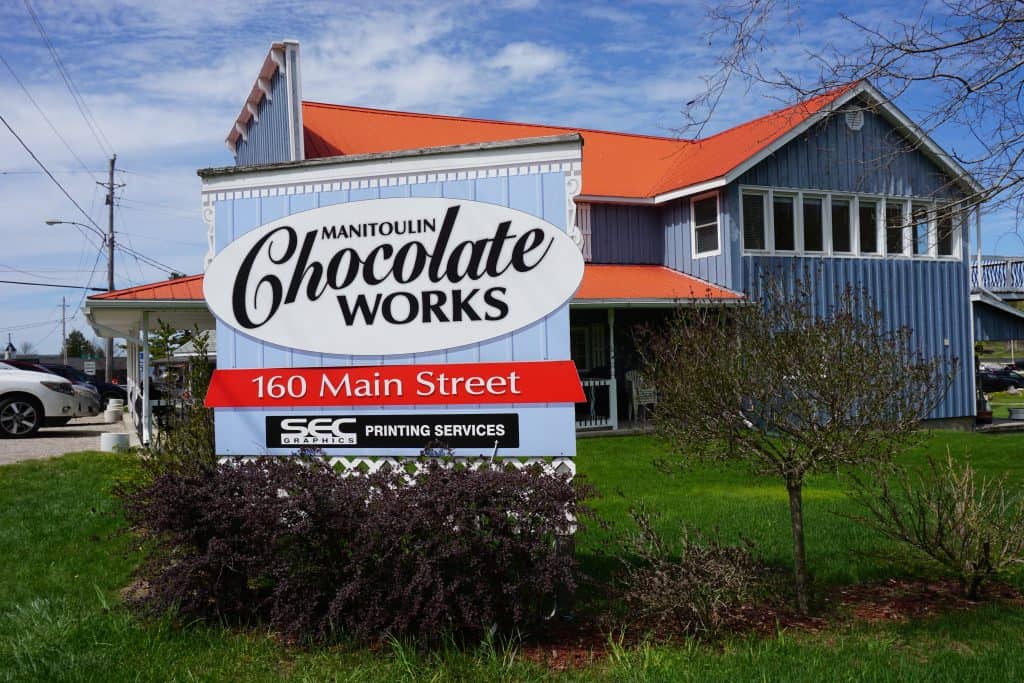 Exterior of the manitoulin chocolate works building in kagawong on manitoulin island.