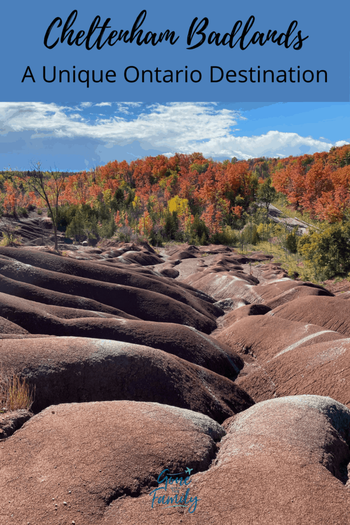 Pinterest Image - Cheltenham Badlands with colourful fall trees as backdrop with text reading Cheltenham Badlands - A Unique Ontario Destination.