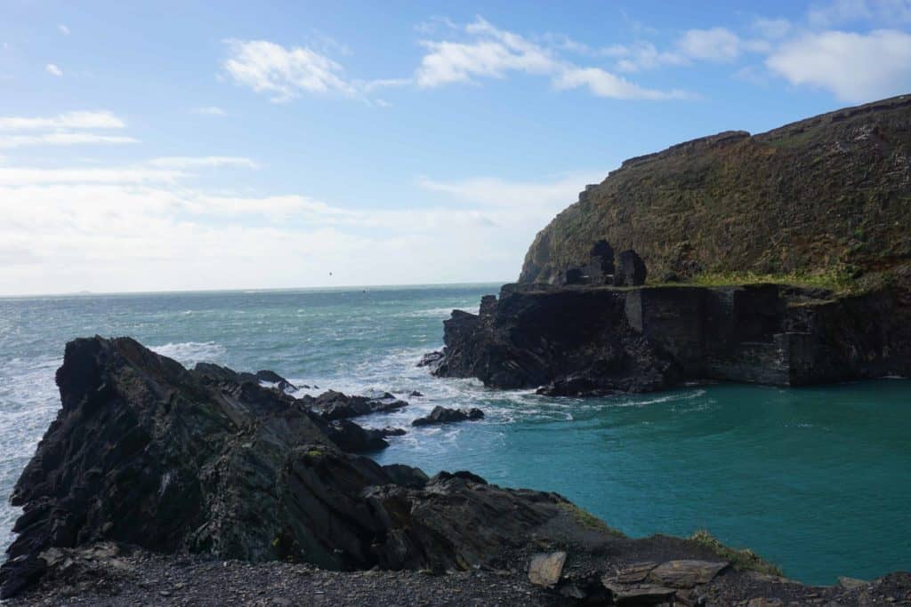 Pembrokeshire's Blue Lagoon with bright blue water and rocky cliffs.