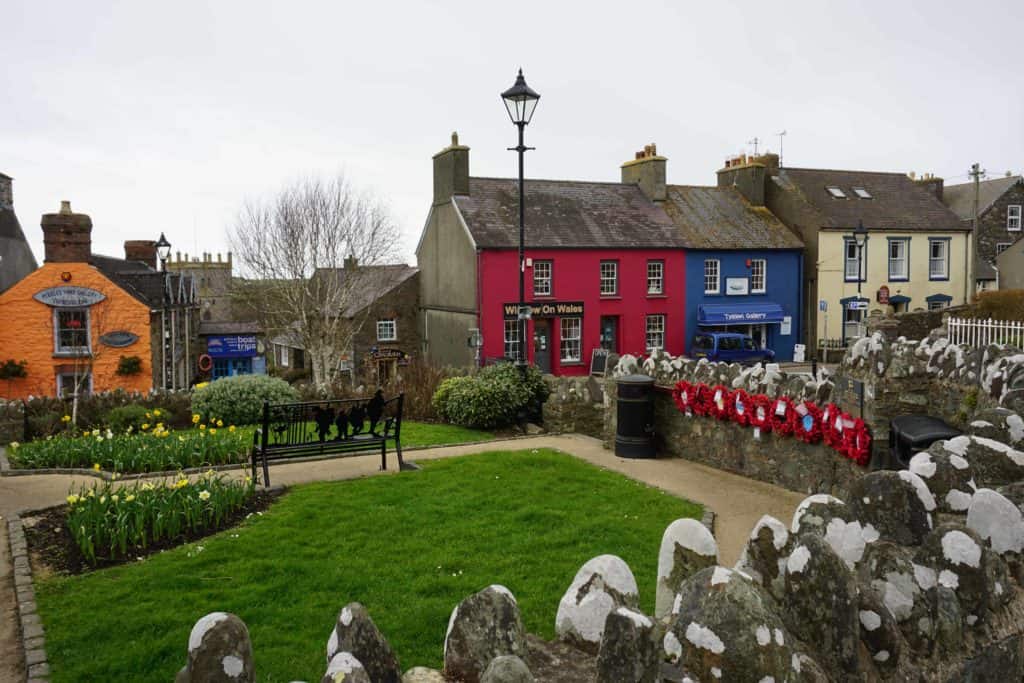Colourful buildings and small park in St Davids City.