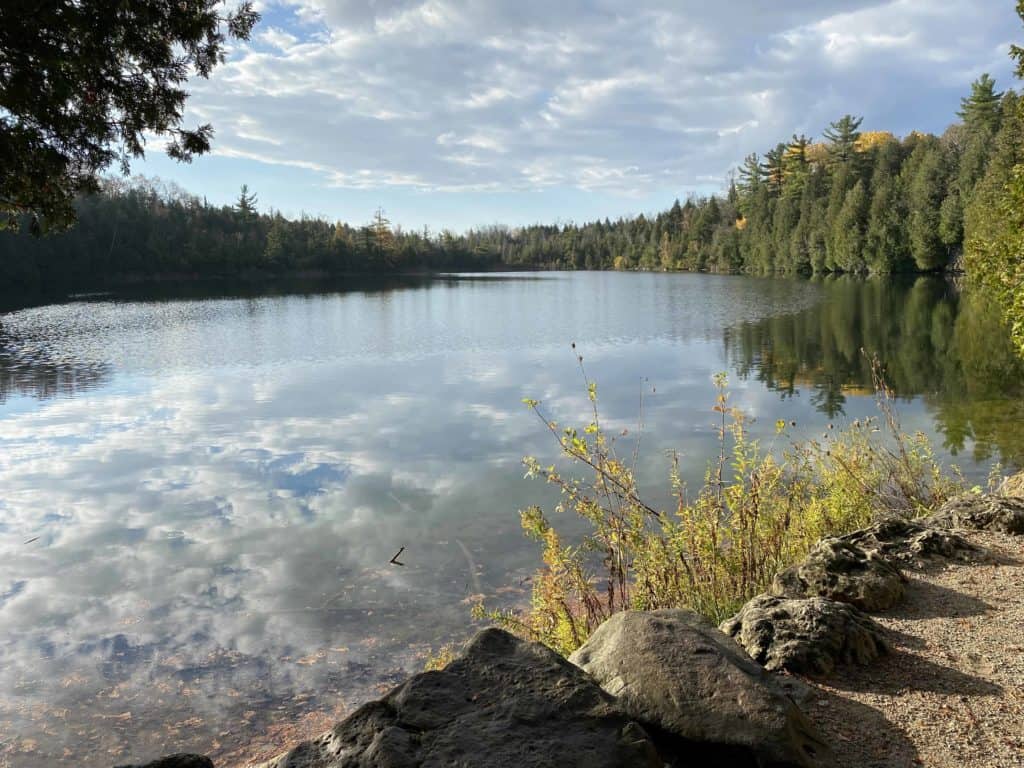 Reflection of trees in Crawford Lake on a fall day.