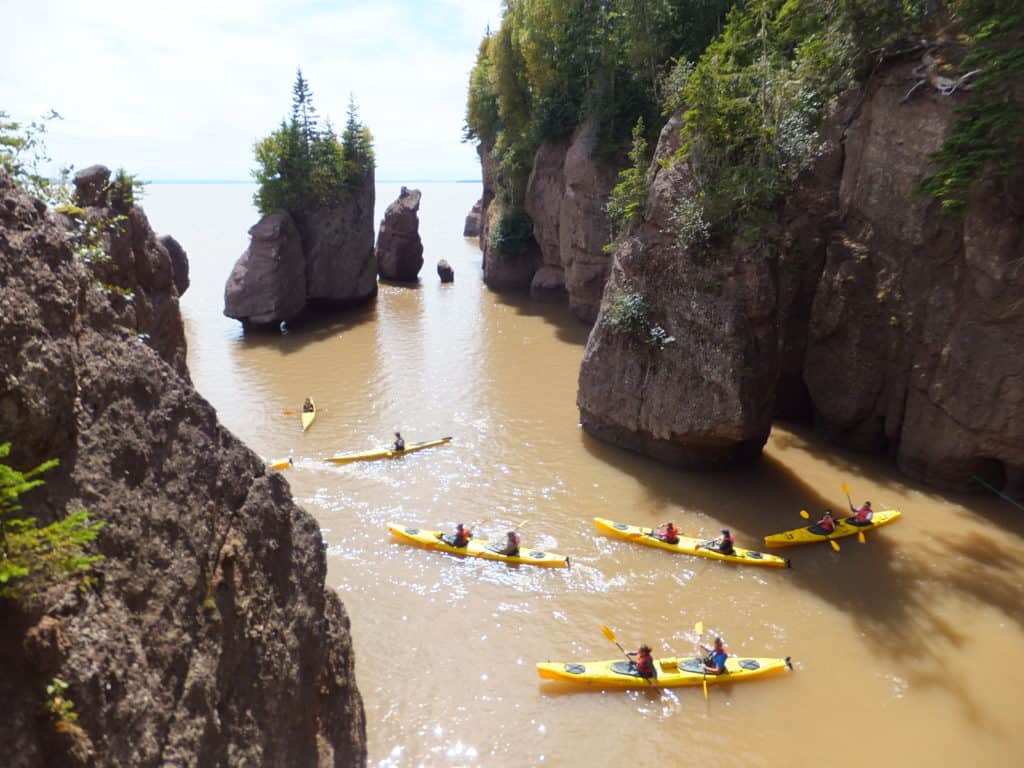 yellow kayaks in the water at hopewell rocks in the bay of fundy, new brunswick.
