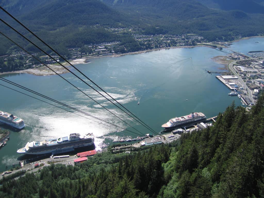 View of port of Juneau, Alaska with cruise ships docked from mount roberts tramway.