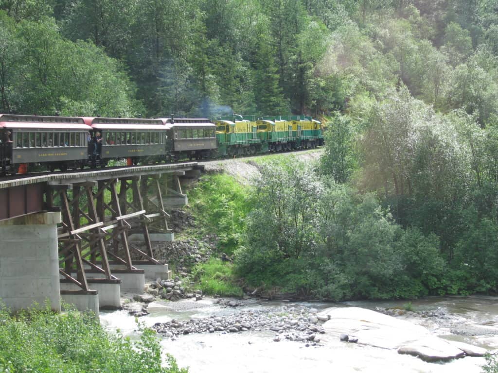 White Pass & Yukon Railway train crossing bridge.
