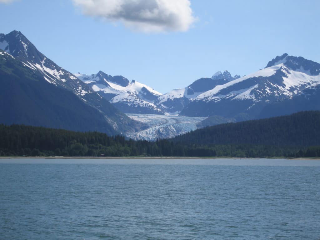 View of glacier from sightseeing boat in Juneau.