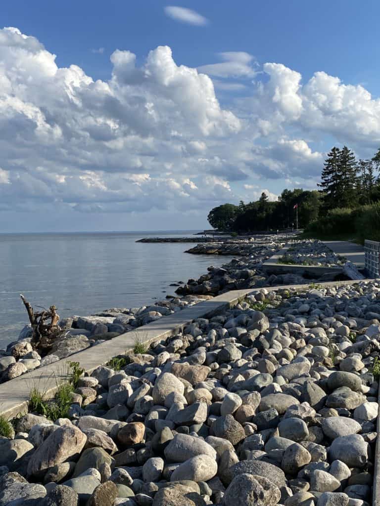 rocks along oakville waterfront of Lake Ontario.