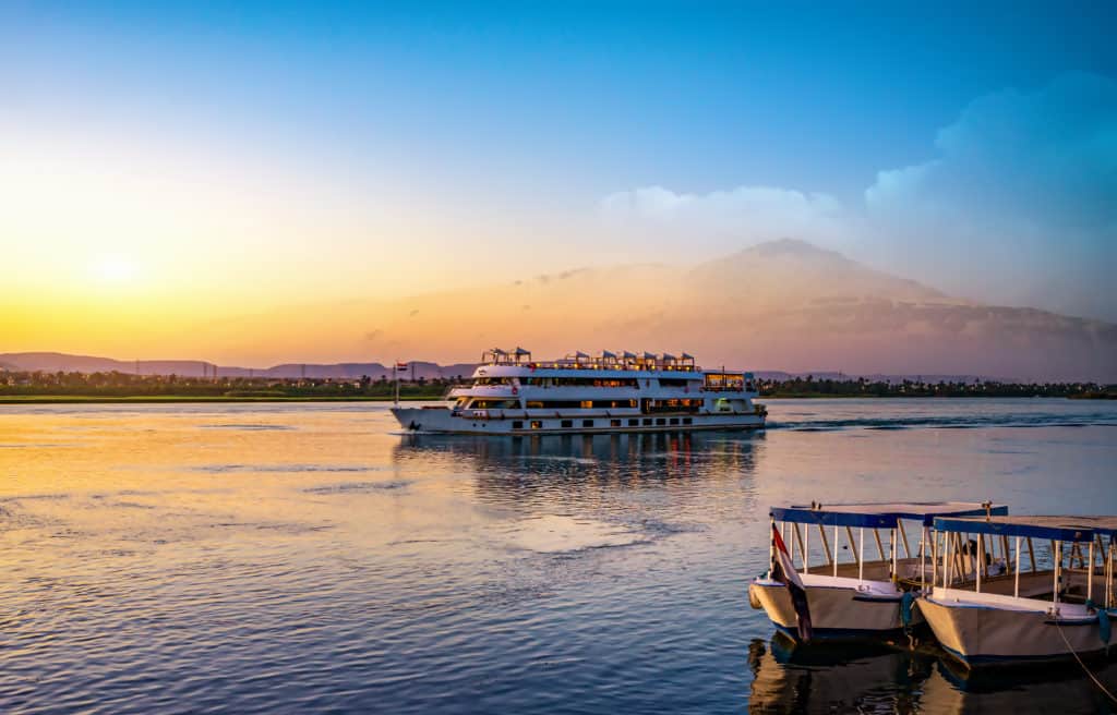 River Nile and ship at sunset in Aswan.