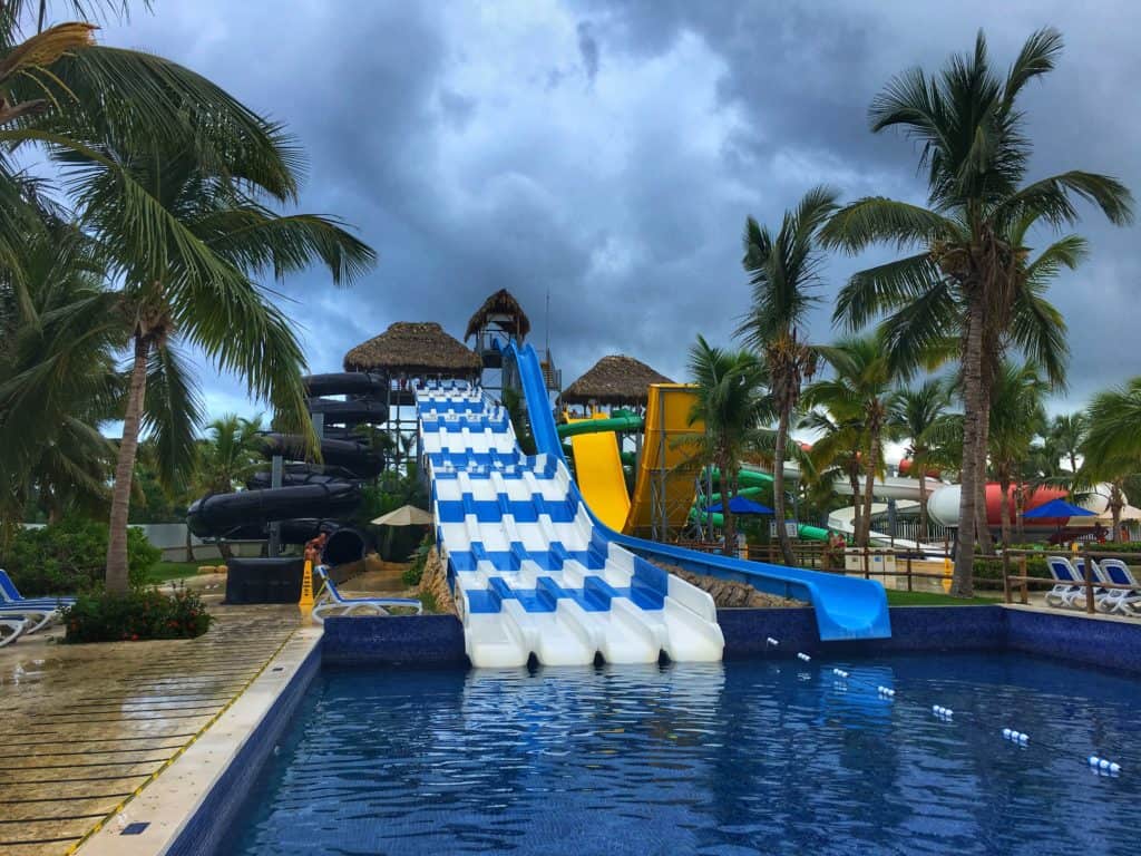 Blue and white waterslides at Toyalton Splash in Punta Cana.