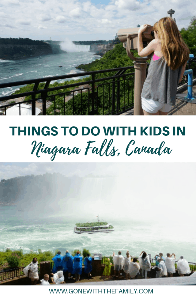 Image for Pinterest - top photo of girl looking through view finder at the falls in the distance and bottom photo of group on platform watching boat in the basin of the falls with text between the photos reading Things To Do With Kids in Niagara Falls, Canada.