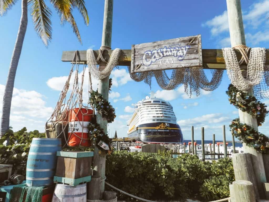 Disney cruise ship docked at Castaway Cay.