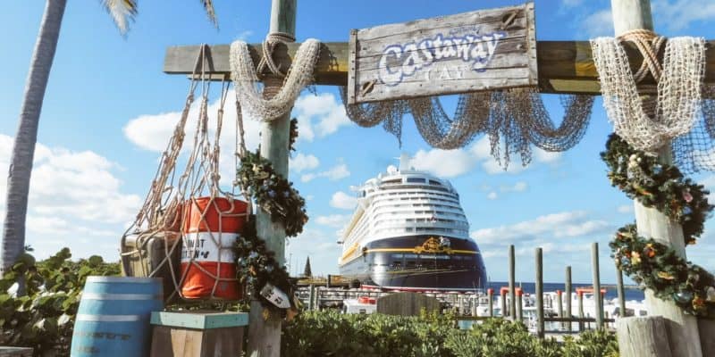 Disney cruise ship docked at Castaway Cay.