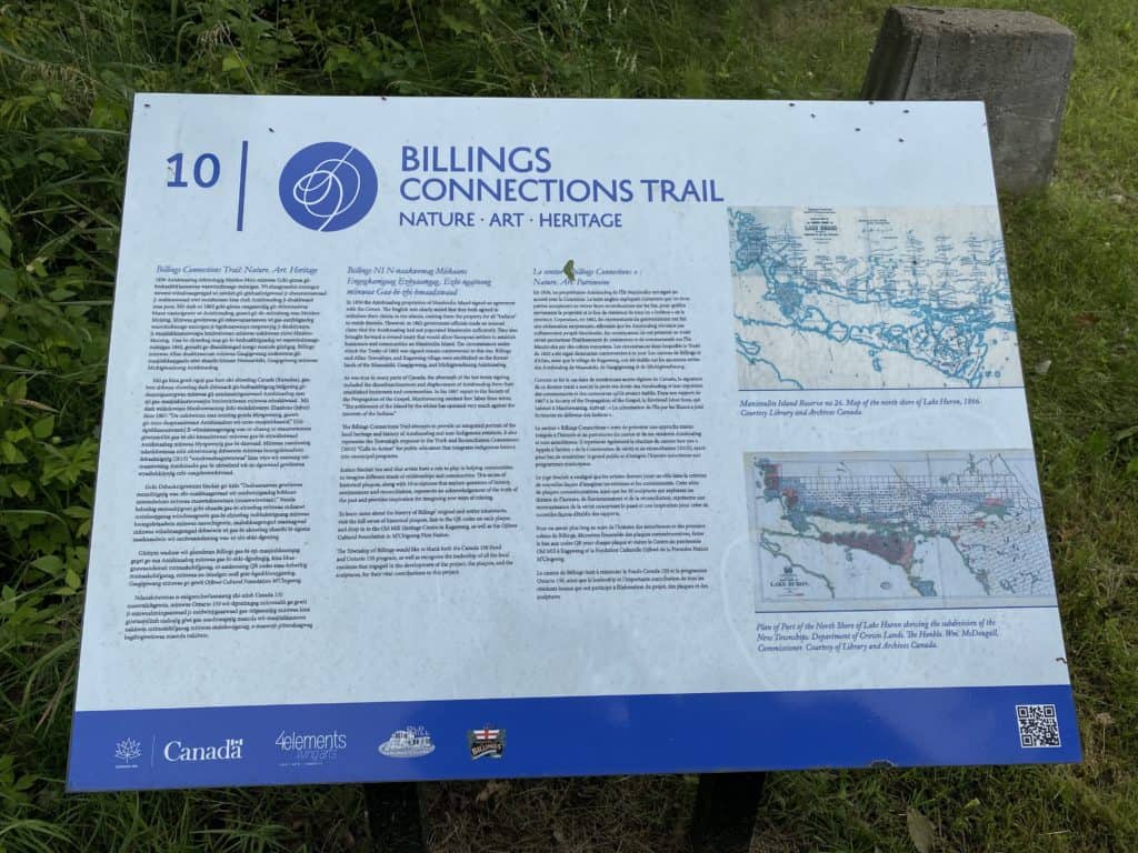 Billings Connection Trail historical plaque, Kagawong, Ontario.