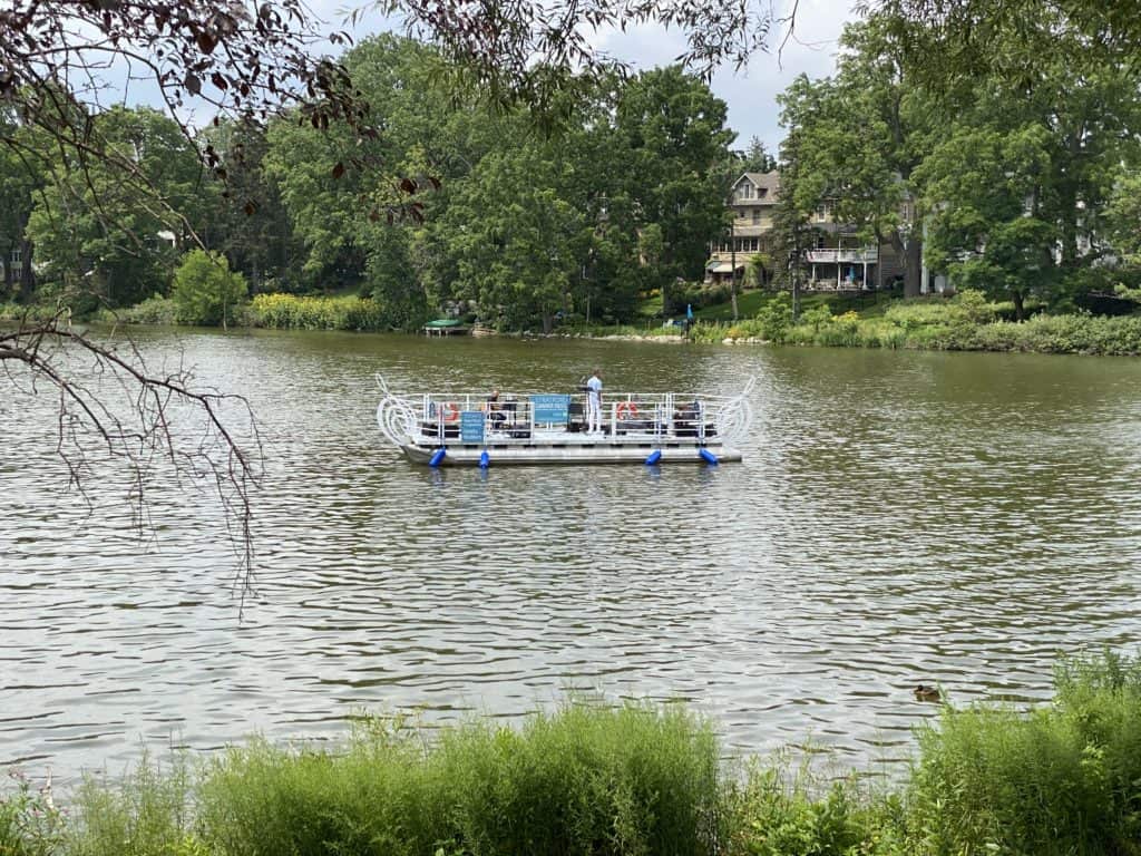 Sounds of Summer concert raft floating on river in Stratford, Ontario.