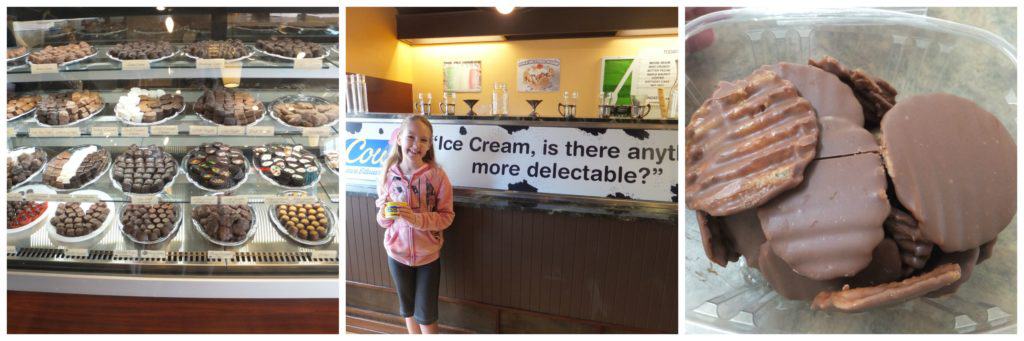 Chocolates, ice cream and chocolate covered chips from Cows and Anne of Green Gables Chocolates in Prince Edward Island.