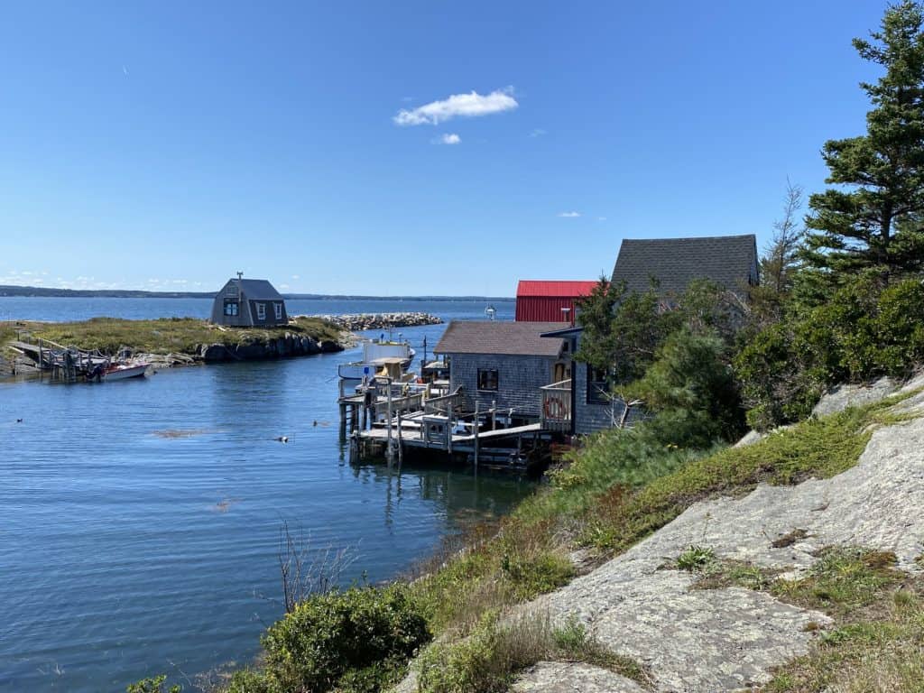 Fishing shacks along coast in Blue Rocks, Nova Scotia.