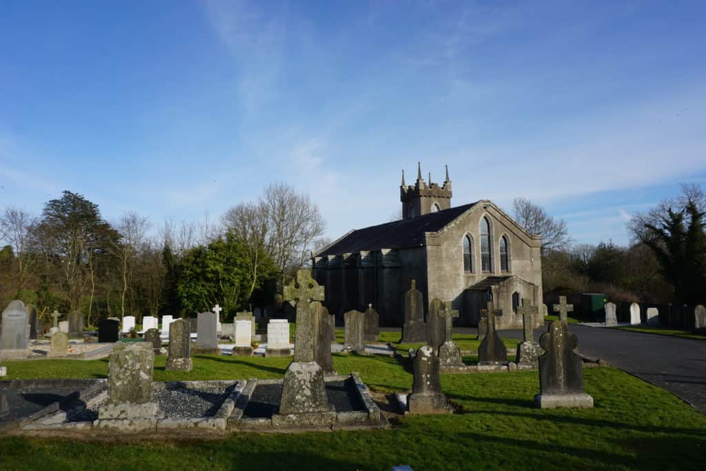 Stone village church and cemetery in Inch, Ireland.