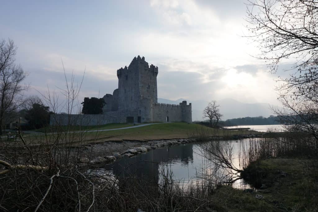 Ross Castle, Killarney National Park, Ireland at dusk.