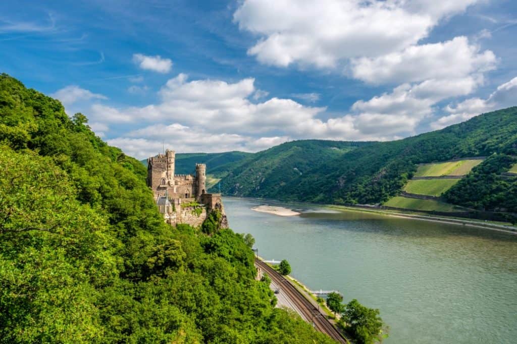 Rheinstein castle by river.