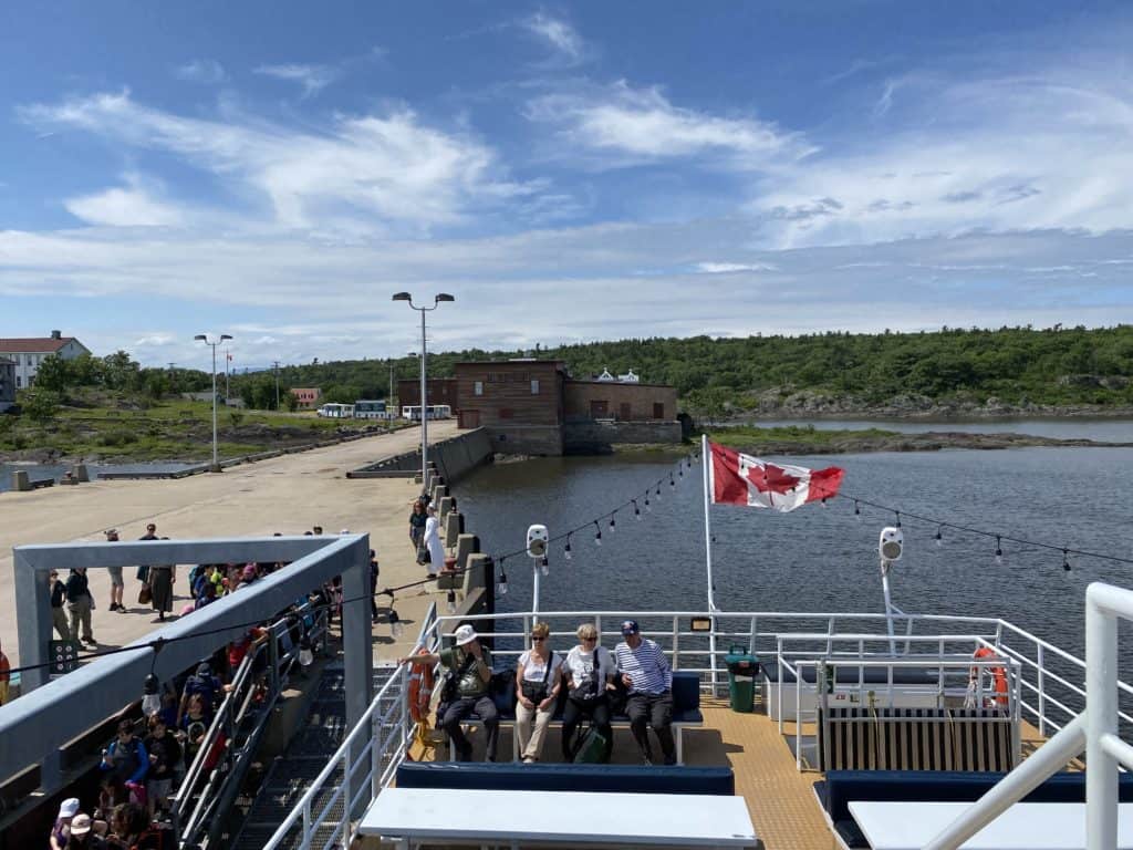 Boarding boat docked at Grosse-Île, Québec.