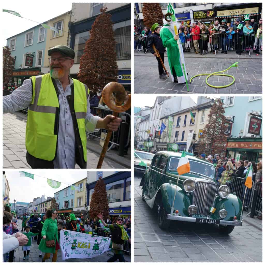 Collage of three photos from St. Patrick's Day parade in Killarney, Ireland - security guy in yellow visit with beard dyed like Irish flag; St. Patrick and "snake"; and green car with Irish flags.
