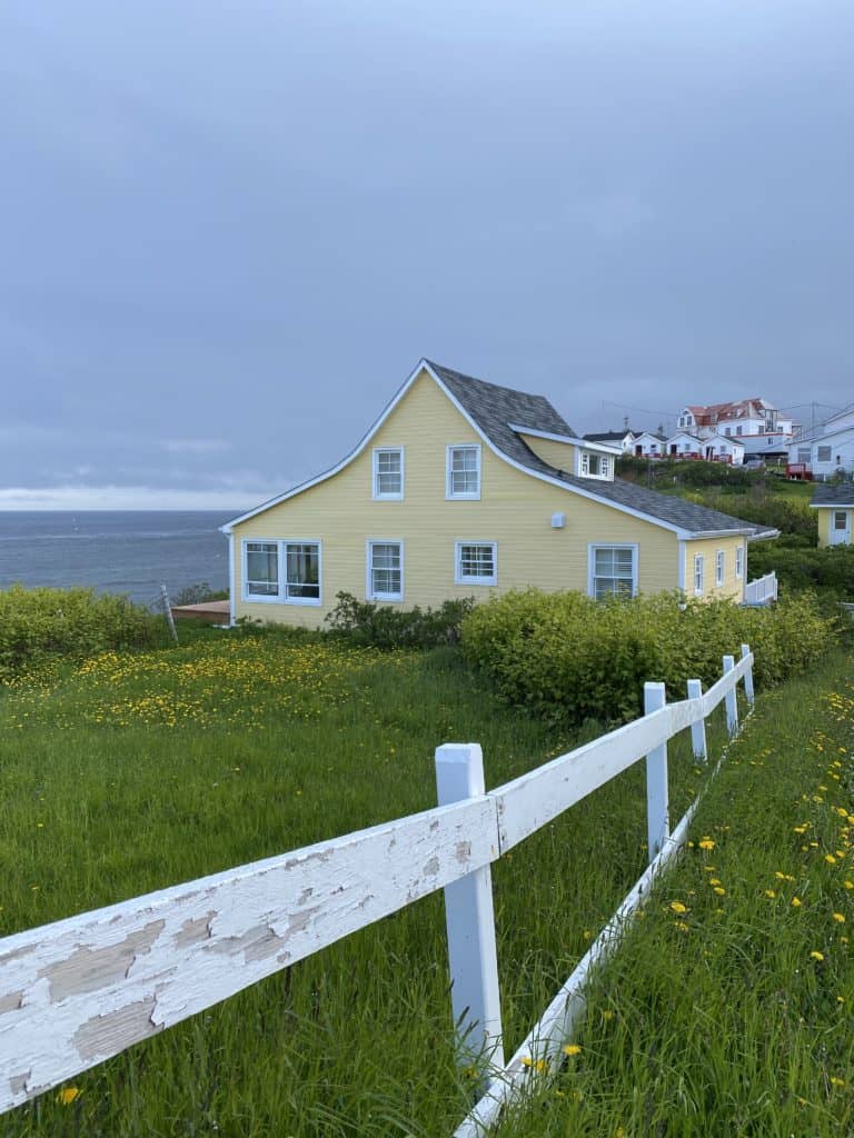 Yellow house behind white picket fense and grass with yellow flowers with ocean and more houses in background.