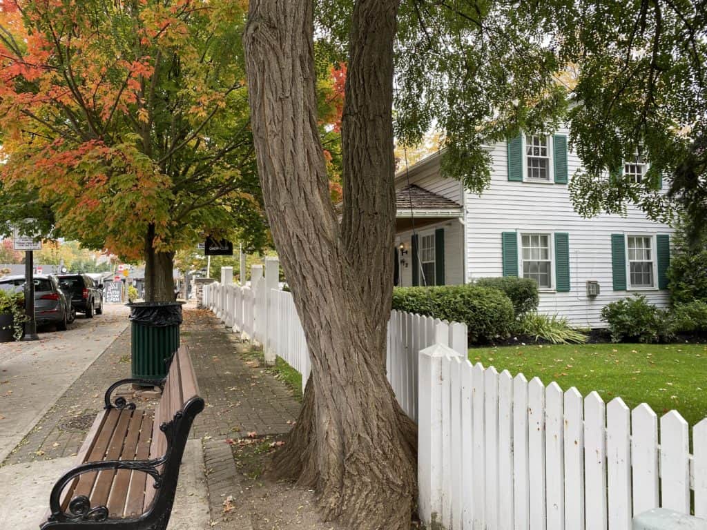 Autumn streetscape in Kleinburg, Ontario - trees with leaves changing colour, white picket fence and white house with green shutters.