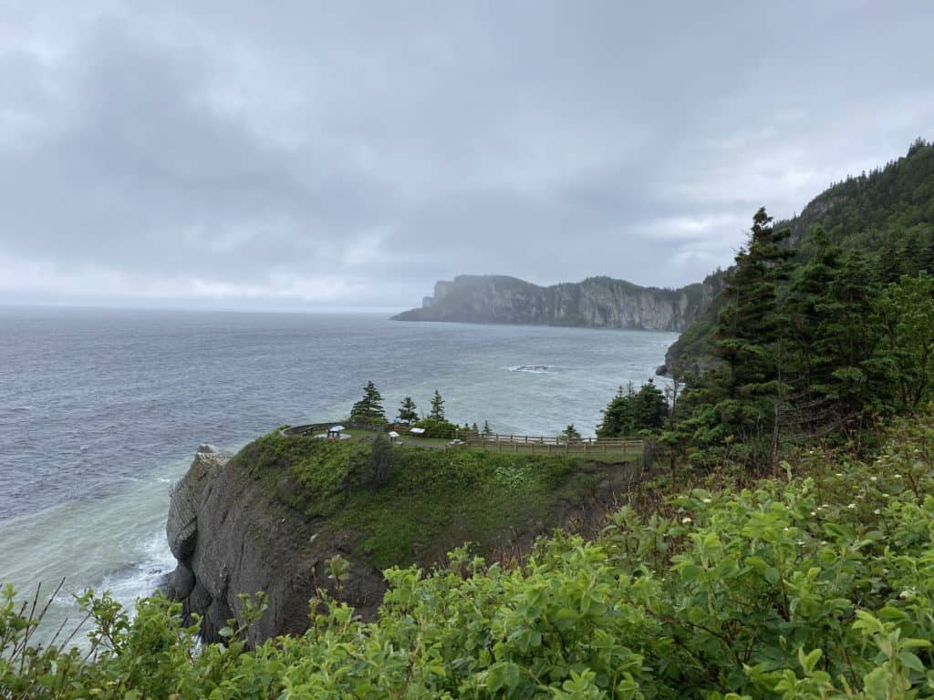 tree-covered cliffs jutting into water at Cap-Bon-Ami in Forillon National Park, Quebec.