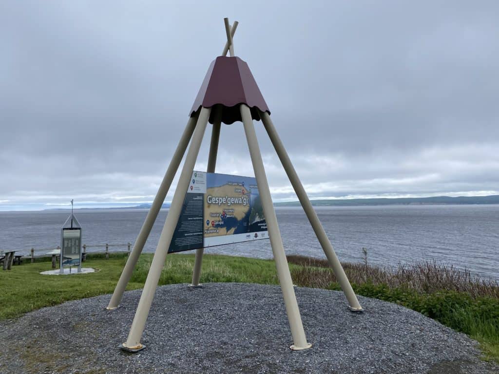 Steel triangular structure near L'Anse-aux-Amerindiens in Forillon National Park, Quebec.