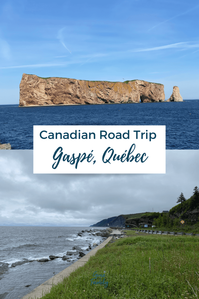 Two images - one of Perce Rock and the other of highway and ocean in Gaspe region of Quebec with text overlay saying Canadian Road Trip Gaspe, Quebec.