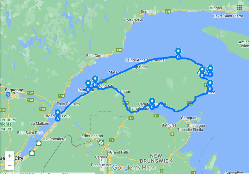 Map of Gaspe peninsula, Quebec with route around marked in blue.
