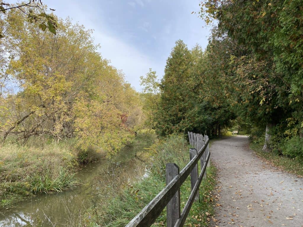 Trail through woods along Humber River in Kleinburg.