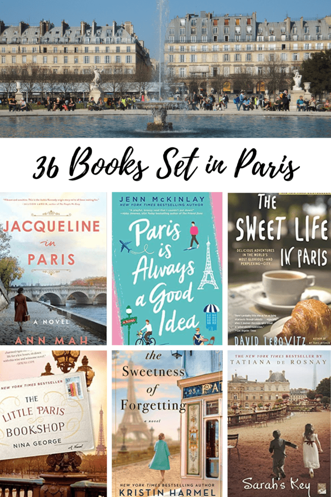 Image for Pinterest - top half is people around fountain in Tuileries Gardens, Paris with building in background, bottom half is 6 images of books set in Paris, text is "36 Books Set in Paris".