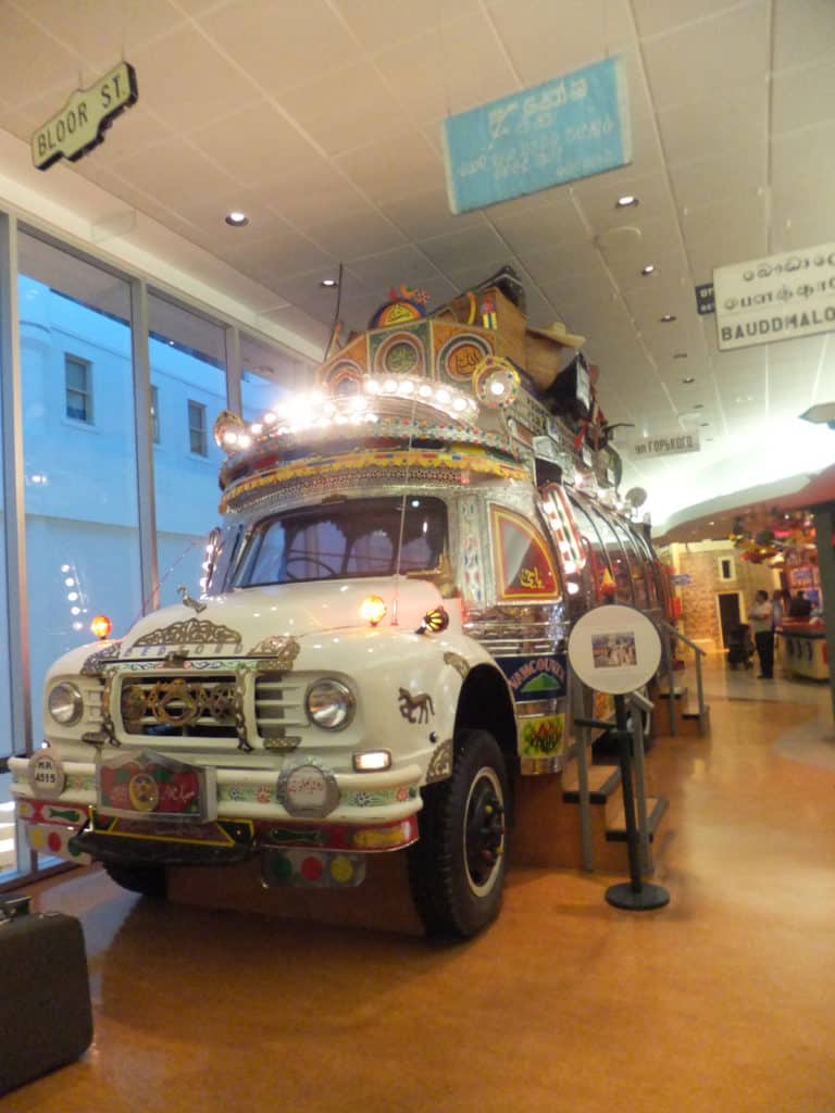 Decorated bus with lights inside Canadian Children's Museum, Ottawa, Canada.