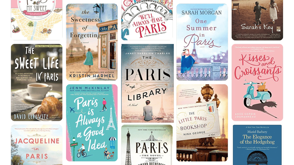 Grid collage of covers of books set in Paris.