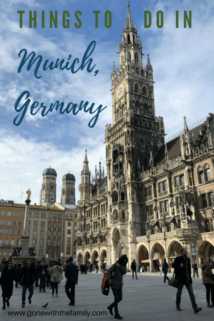 Image for Pinterest showing people walking in Marienplatz in front of Neue Rathaus, Munich, Germany with text overlay saying 'Things to do in Munich, Germany'>