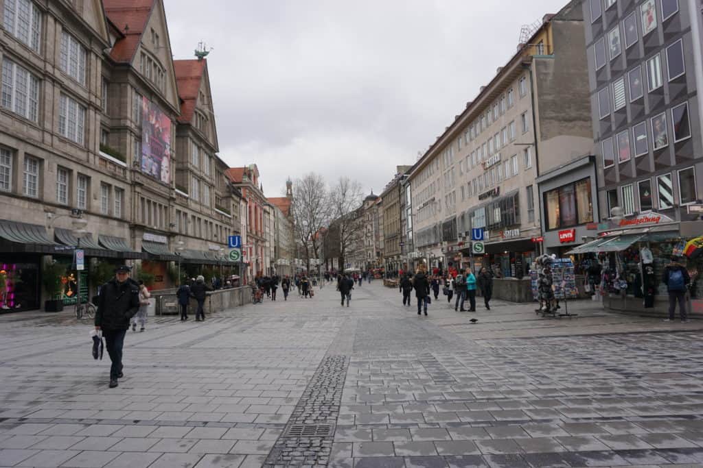 People walking in Kaufingerstrausse - a pedestrian area in Munich, Germany.